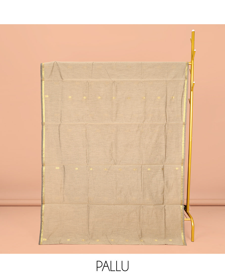 Beige Maheshwari Cotton Saree, Featuring Buttas All Over Its Body, Subtle Zari Piping Border, Complemented by a Contrast Pallu Steeped with Buttas, and Paired with a Contrast Blouse
