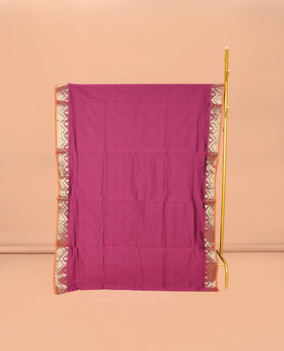 Purple Plain Poly Cotton Saree, Complemented by Contrast Traditional Zari Design Border, Pallu of Stripes, and Paired with a Contrast Blouse