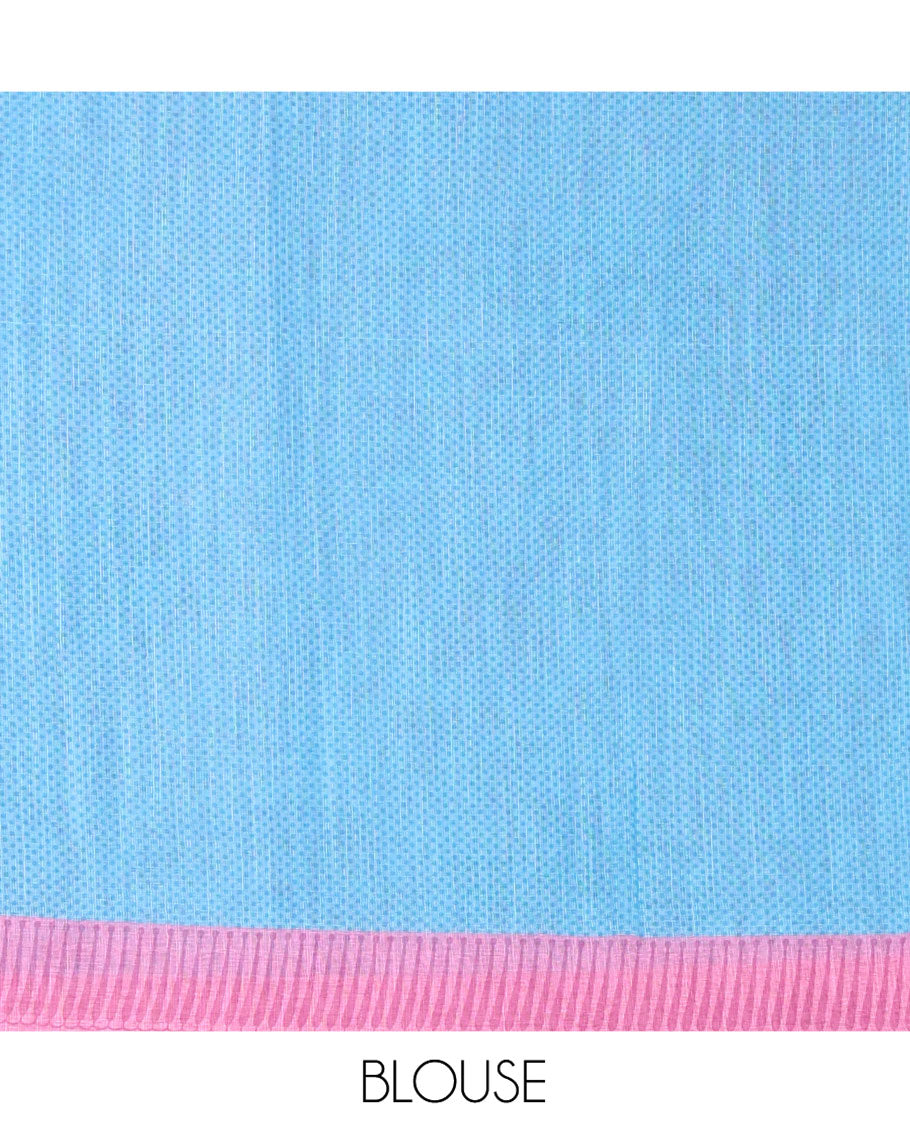Borderless Cream and Pink Linen Cotton Saree, Bedecked with Half-and-Half Style Fish Motifs Printed All Over Its Body, Pallu Mirrors the Same Print, and Is Paired with a Contrast Blouse