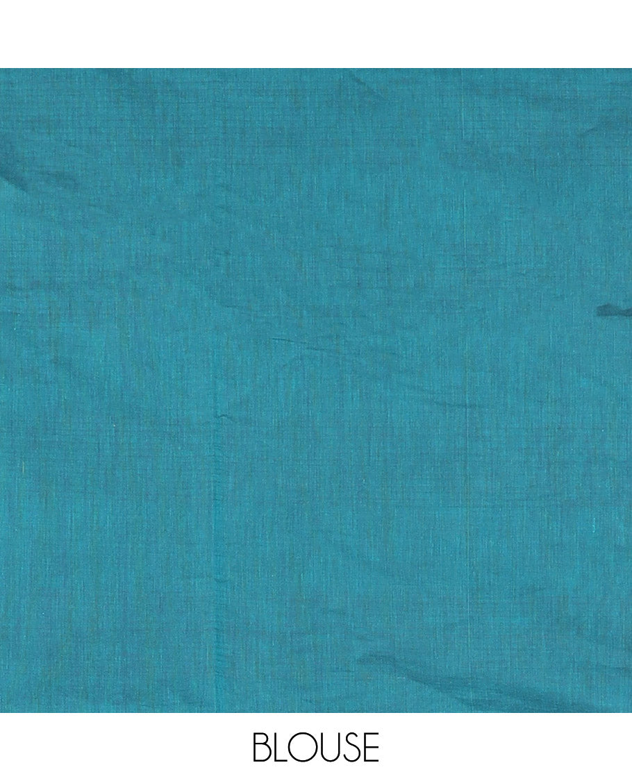 Borderless Peacock Blue Coimbatore Cotton Saree Prettified with Intricate Buttas All Over Its Body, Pallu Pictures Intricate Patterns, and Paired with a Plain Matching Blouse