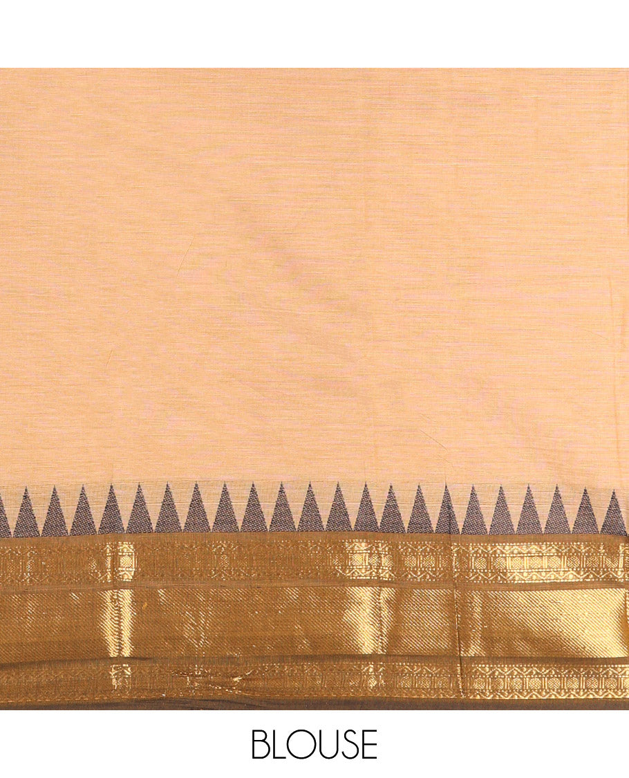 Sandal Plain Chettinad Cotton Saree, Complemented by Contrast Temple Border of Traditional Zari Designs, Subtly Striped Pallu, and Paired with a Matching Blouse