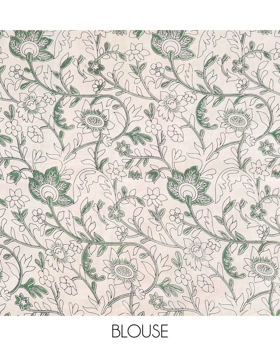 Green floral machine-printed kalamkari cotton saree, contrast temple & chevron border & intricate pallu