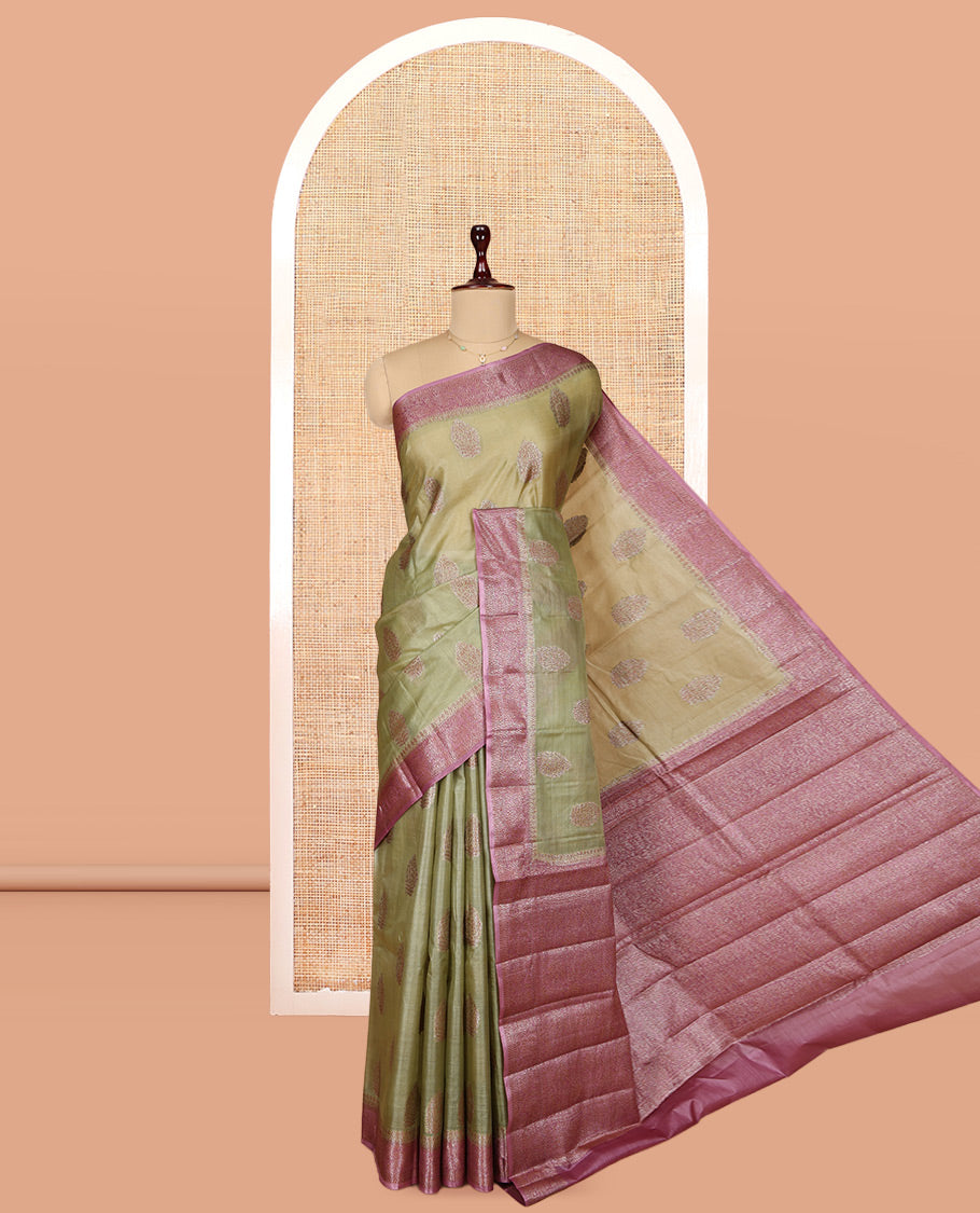 Green Tusser Silk Saree, Sparsely Woven with Zari Buttas, a Contrast Zari Border, Intricate Pallu, and a Contrast Blouse