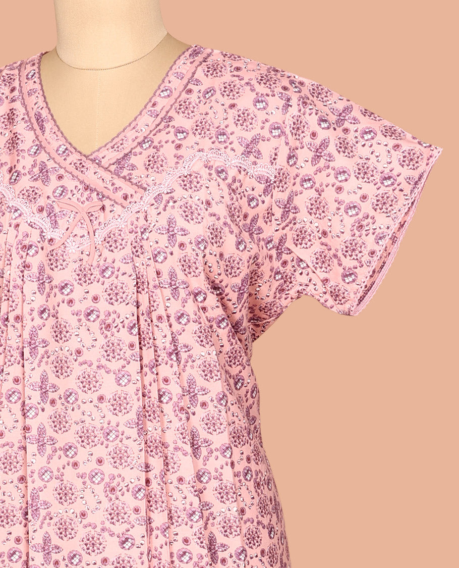 Pink V Neck Cotton-Blended Nighty