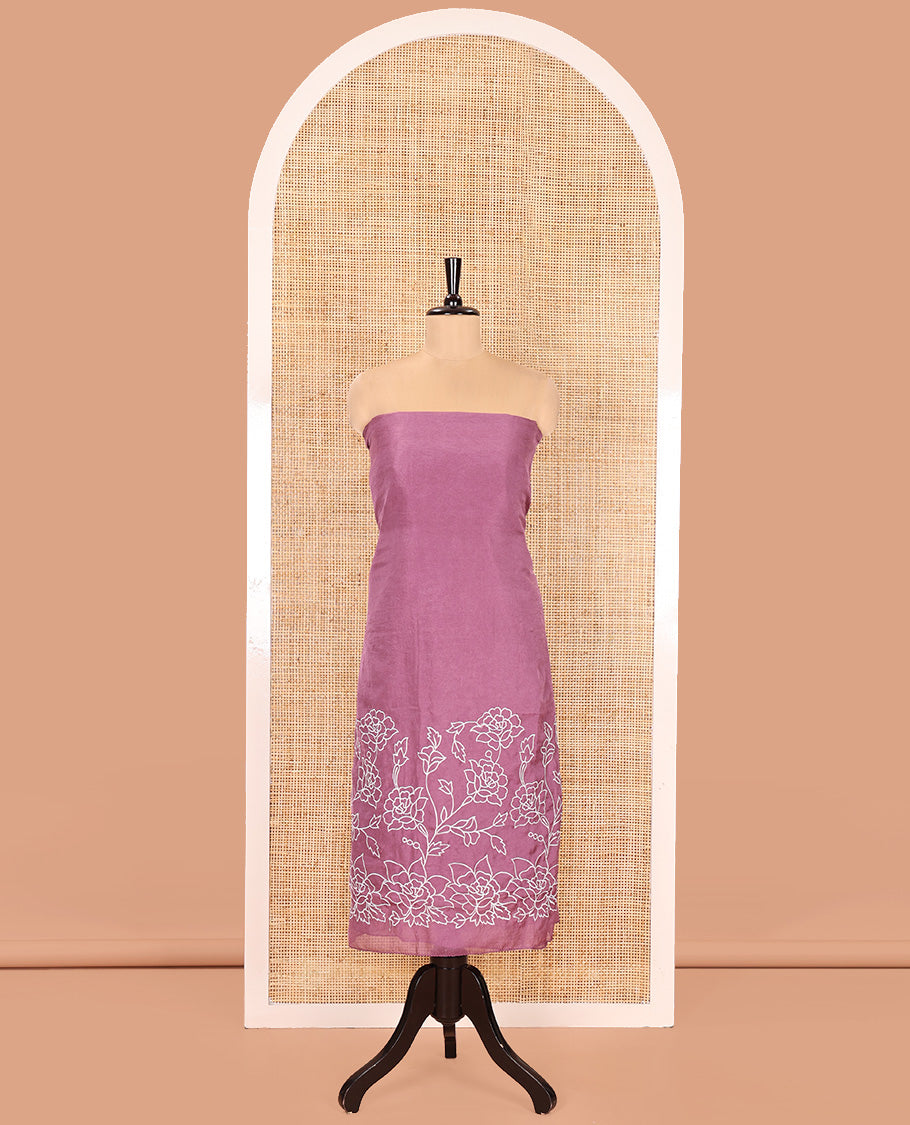 Lavender Organza Crushed Material Churidar Set, Elegantly Bedecked with Floral-Themed Thread Embroidery Top, Comes with a Plain Santoon Bottom, and Is Paired with Organza Crushed Dupatta of Floral Thread Embroidery