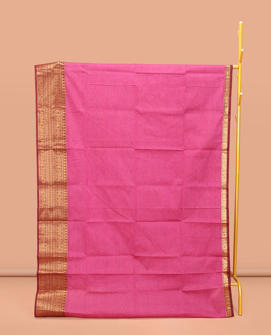 Pink Plain Chettinad Cotton Saree, Complemented by a Contrast Traditional Zari Design Border, Pallu of Stripes, and Paired with a Matching Blouse