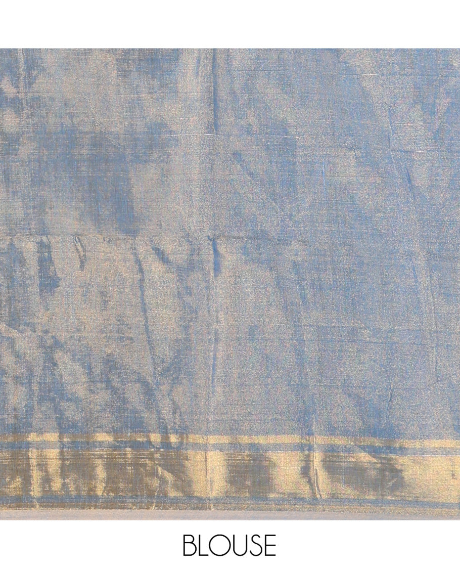 Blue Plain Khadi Tissue Saree, a Gleaming Zari Bavanji Border, Golden Zari Striped Pallu, and Paired with a Matching Blouse