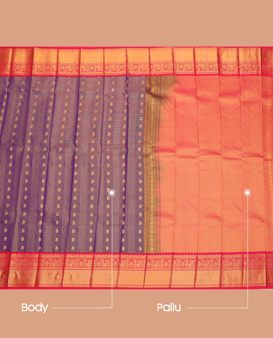 Violet Budget Silk Saree, Elevated with Zari Buttas and Stripes, Complemented by a Contrast Traditional Zari Border, Grand Pallu, and a Contrast Blouse