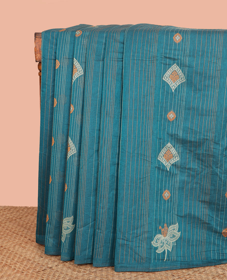 Borderless Peacock Blue Coimbatore Cotton Saree Prettified with Intricate Buttas All Over Its Body, Pallu Pictures Intricate Patterns, and Paired with a Plain Matching Blouse