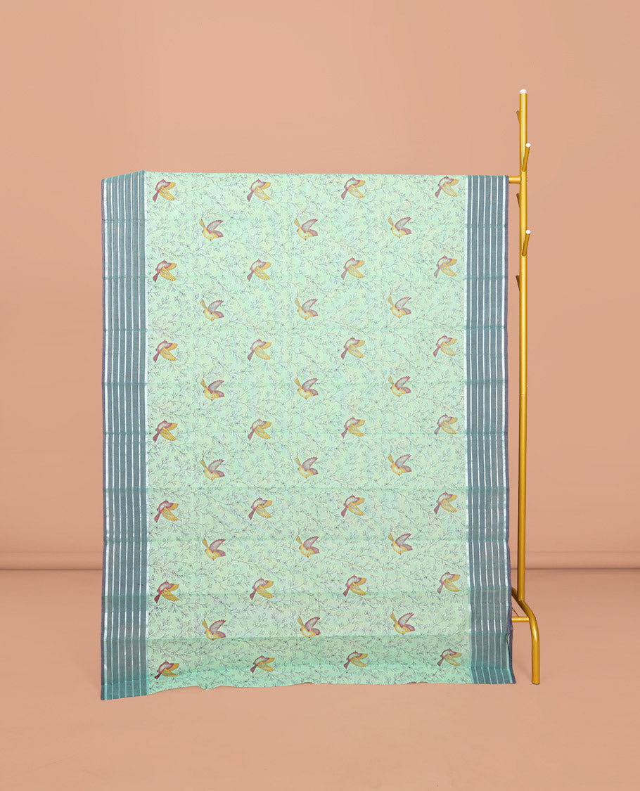 Sea Green Chirala Cotton Saree, Accentuated with Floral-Bird Print, a Contrast Border, Printed Pallu, and a Matching Blouse