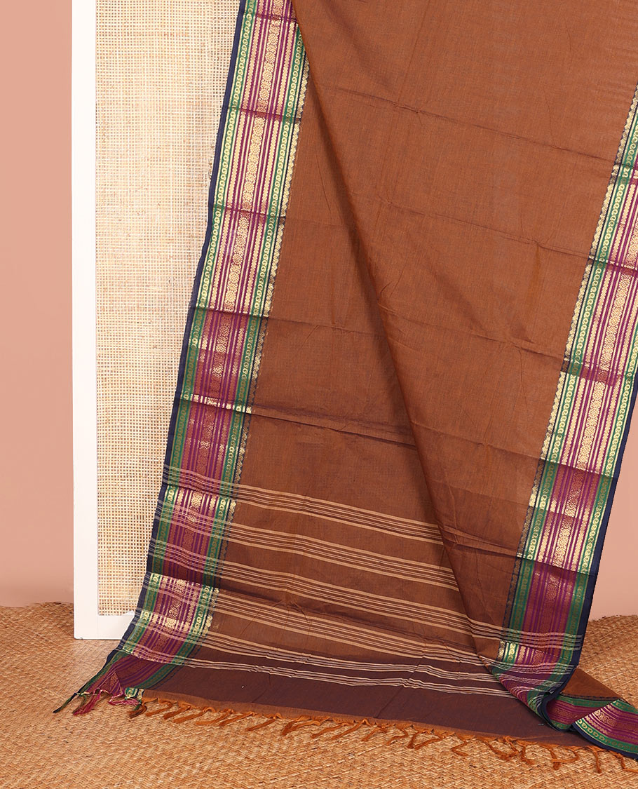 Brown Plain Chettinad Cotton Saree, Complemented by a Contrast Traditional Zari Design Woven Border, and a Pallu of Stripes