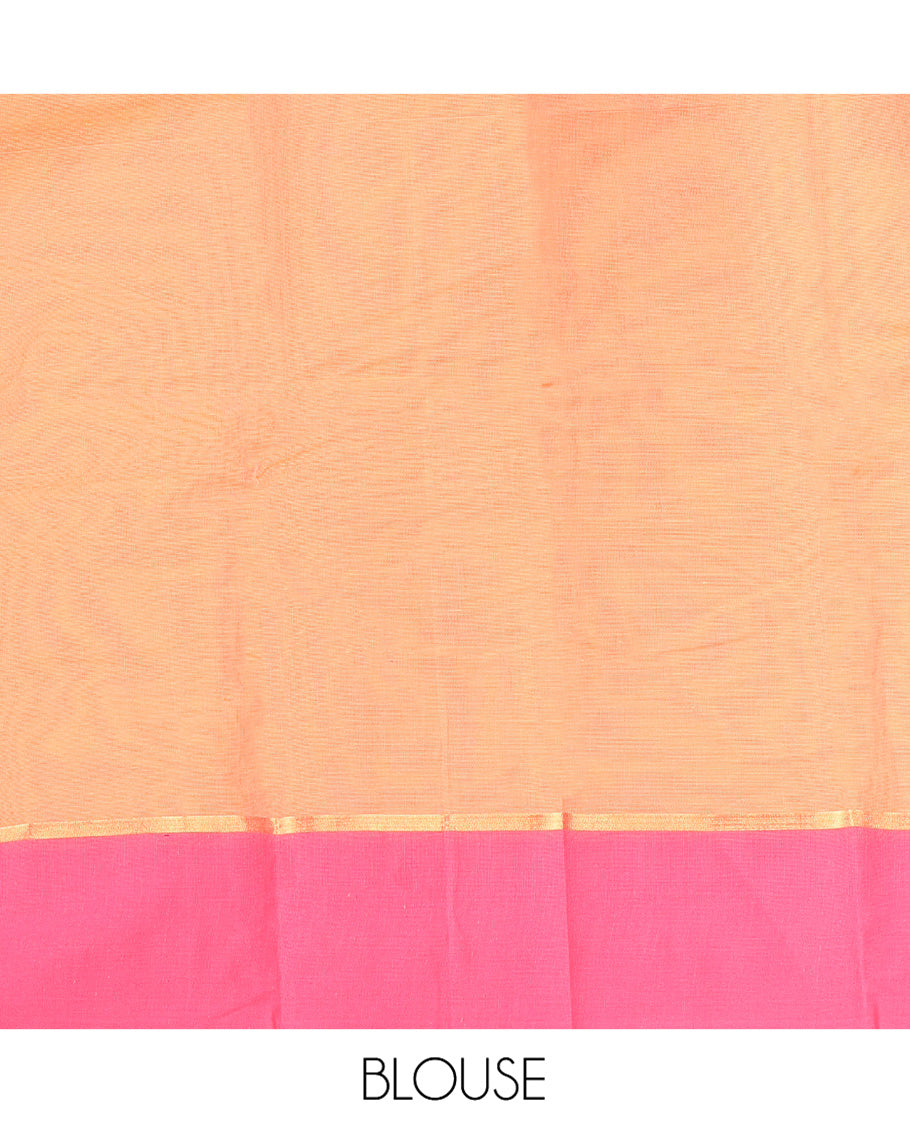 Orange Kanchi Cotton Saree, Decked Up with Buttas All Over Its Body, Complemented by a Contrast Floral Border, Pallu of Floral Designs, and Paired with a Matching Blouse