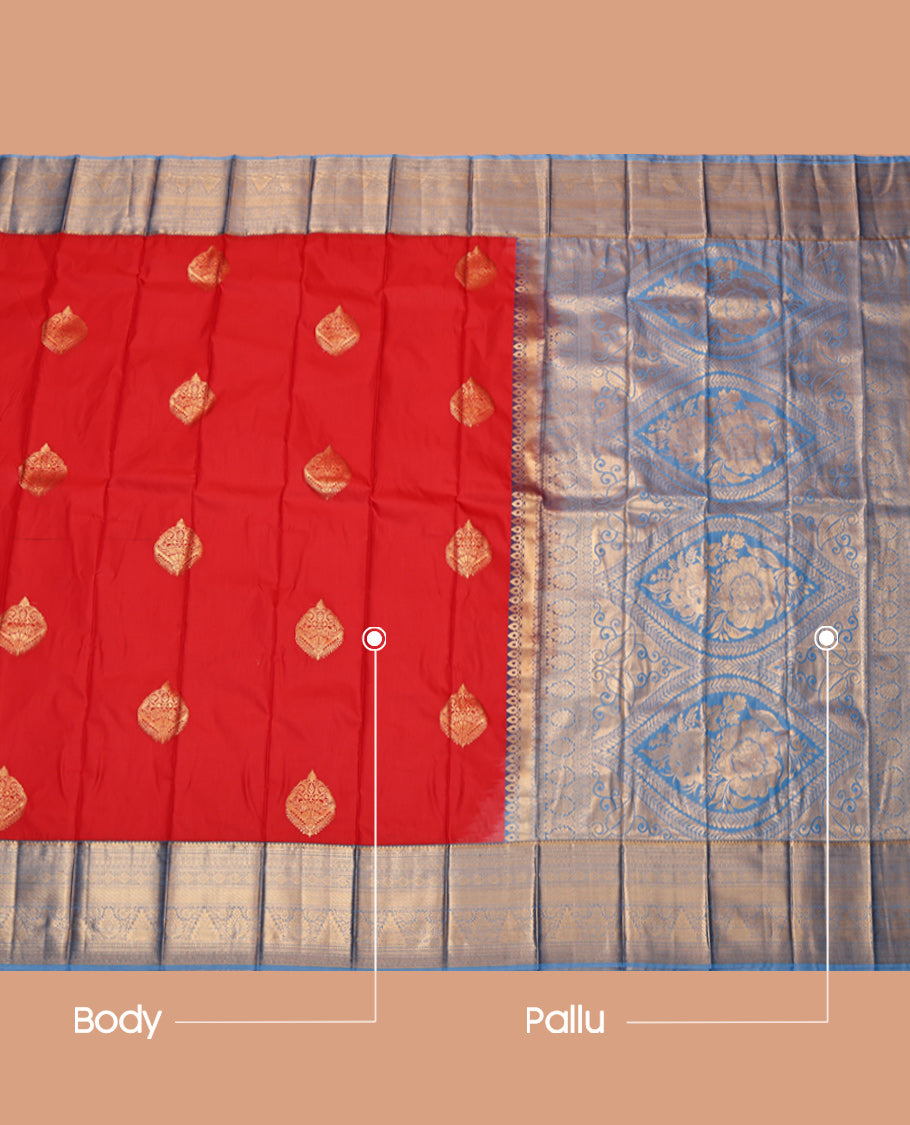 Rust Budget Silk Saree Depicts Zari Buttas, Complemented by Contrast Traditional Zari Border, Grand Pallu and a Contrast Blouse