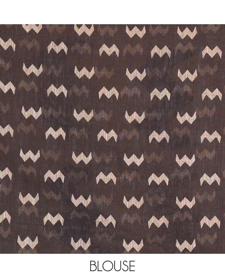 Borderless black-yellow zig-zag stripes half-and-half style printed linen cotton saree with a matching printed blouse