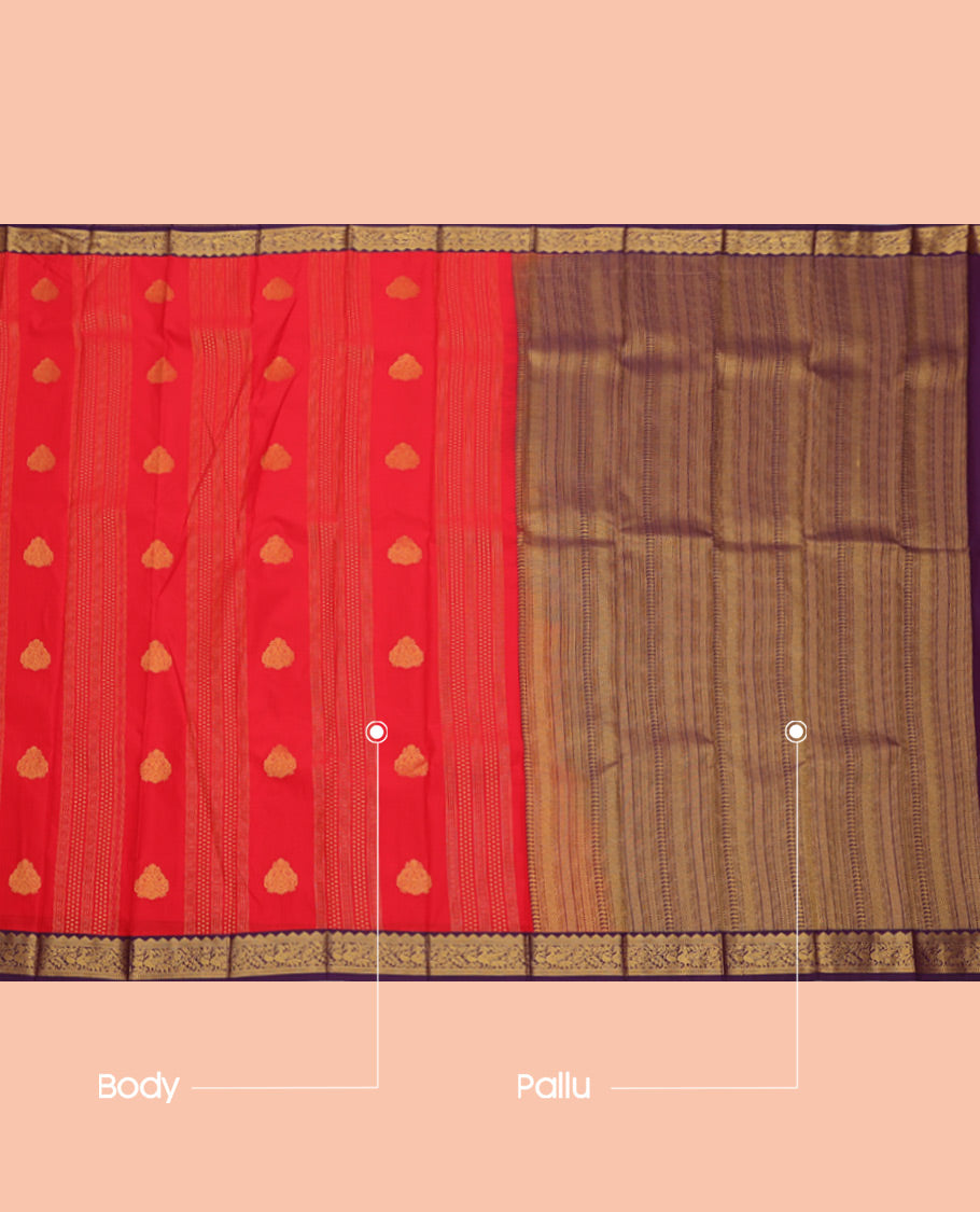Red Budget Silk Saree, Spotlighted with Zari Buttas and Stripes, Complemented by a Contrast Traditional Zari Border, Geometric Pallu, and Contrast Blouse