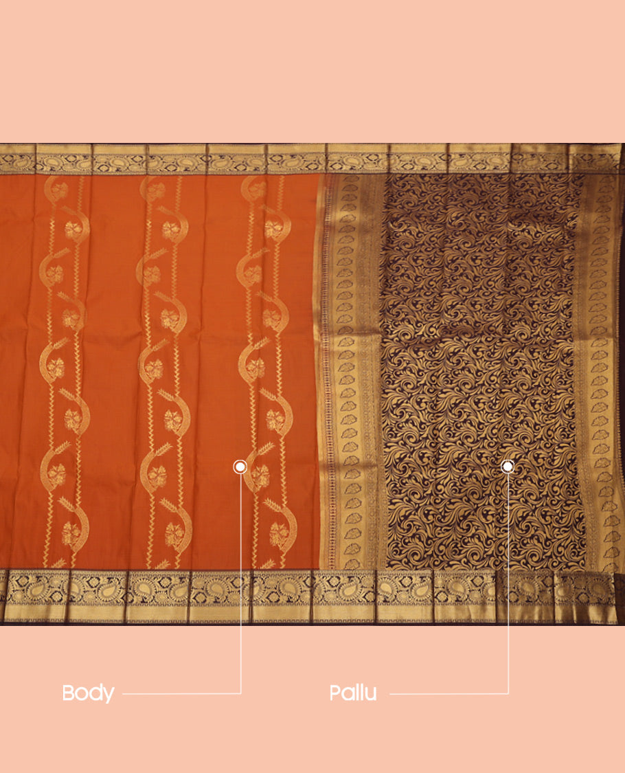 Orange Budget Silk Saree, Mesmerized with Zari Buttas, Complemented by Contrast Traditional Zari Border, Grand Pallu, and Contrast Blouse