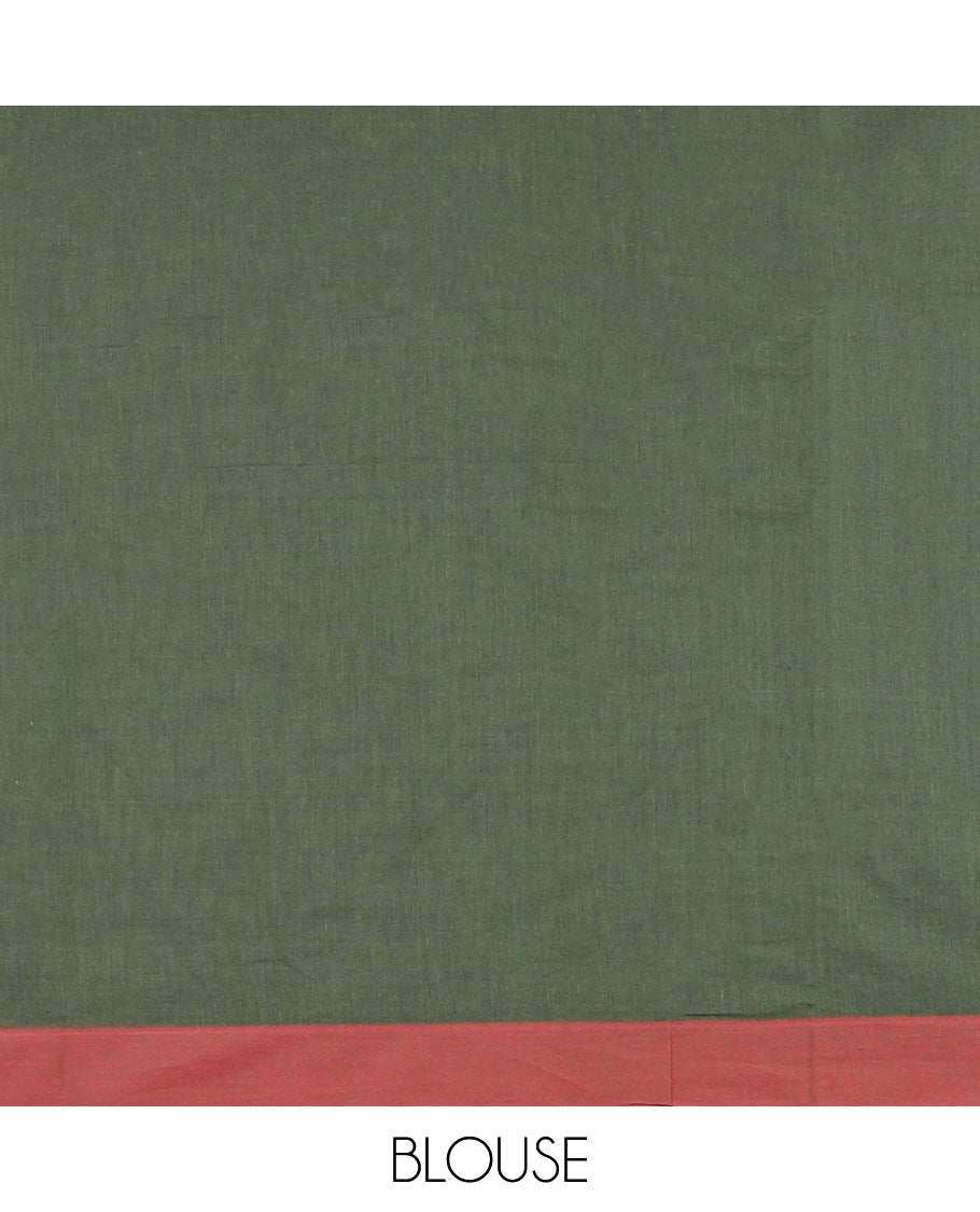 Dark green geometric design coimbatore cotton saree with contrast border & floral design pallu