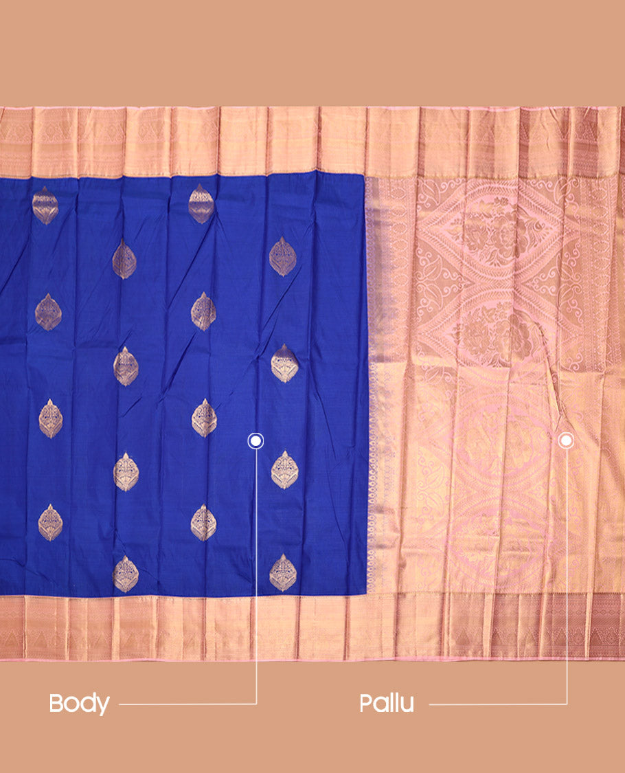 Blue Budget Silk Saree, Detailed with Zari Buttas, Complemented by a Contrast Traditional Zari Border, Grand Pallu, and a Contrast Blouse