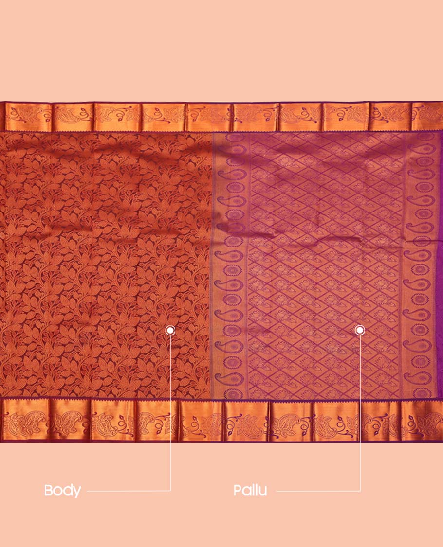 Maroon Budget Silk Saree, Enriched with a Floral Vine Design, Complemented by a Contrast Floral Creeper Zari Border, Grand Jaal Pallu, and a Contrast Blouse