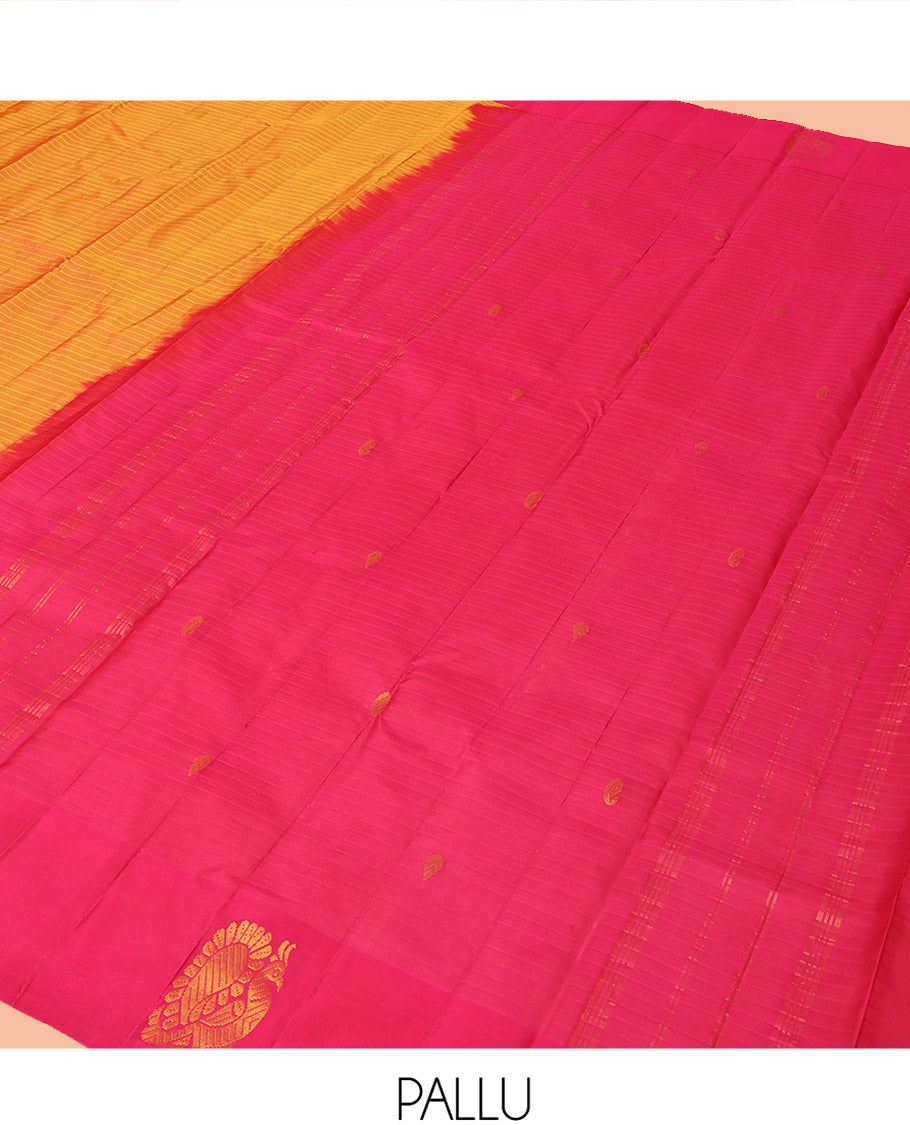 Orange Kanchipuram Silk Saree Prettified with Vazhaipoo Stripes and Zari Buttas, Complemented by Contrast Border Featuring Mayil Motifs, Sparsely Zari Woven Pallu, and Paired with a Contrast Blouse