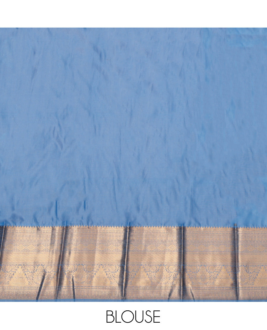 Rust Budget Silk Saree Depicts Zari Buttas, Complemented by Contrast Traditional Zari Border, Grand Pallu and a Contrast Blouse