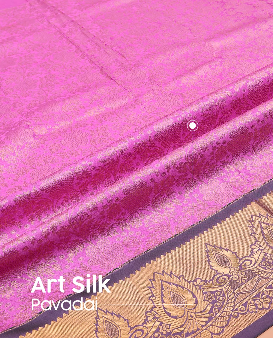 Purple Art Silk Pavadai Material Set, Prettified with Zari Jacquard Designs on Its Skirt, Complemented by a Contrast Traditional Zari Design Border, and Paired with a Contrast Blouse