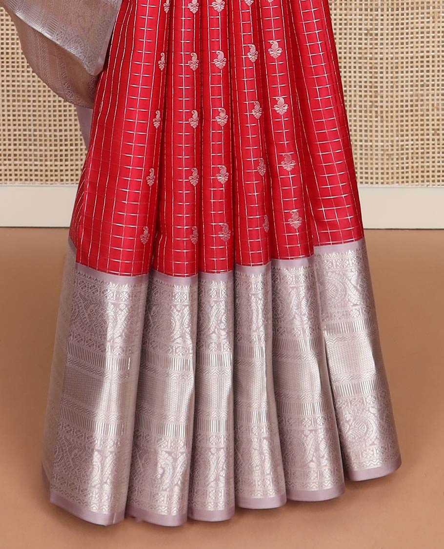 Red zari checks & buttas silk saree, contrast jaal pallu & zari border of rekku,dhavana kodi,rettai neli & kuyil kann