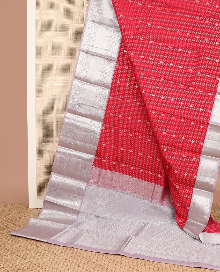 Red zari checks & buttas silk saree, contrast jaal pallu & zari border of rekku,dhavana kodi,rettai neli & kuyil kann