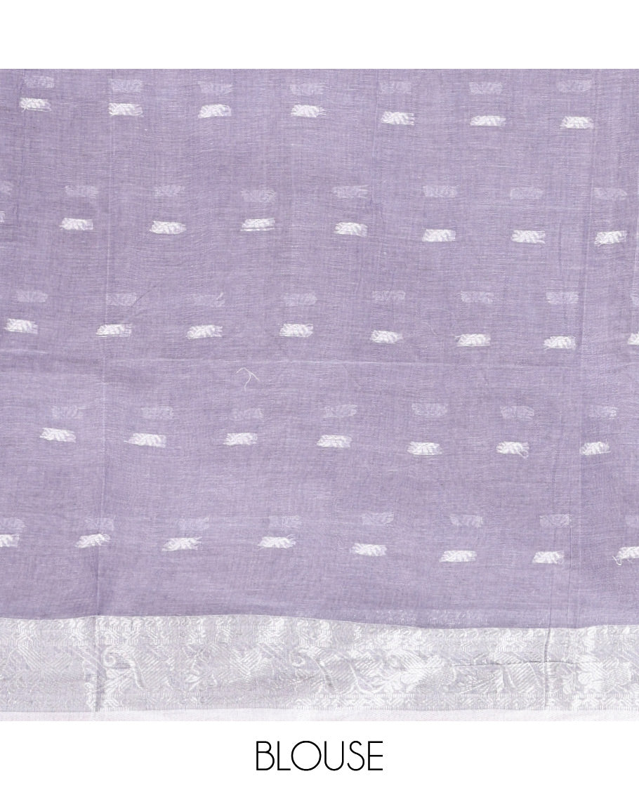 Grey Bengal Cotton Saree, Finely Crafted with Buttas All Over Its Body, Complemented by a Contrast Paisley Zari Design Border, Pallu of Stripes, and Paired with a Matching Blouse