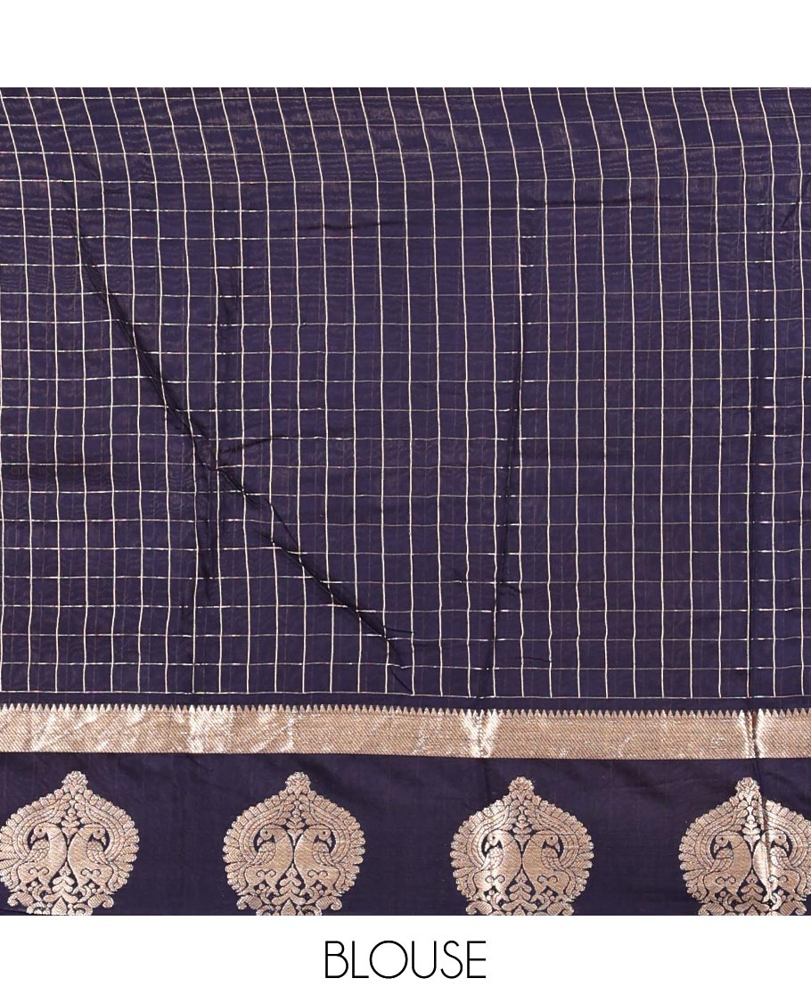 Pink Assam Silk Saree, Decked Up with Checks, Complemented by Contrast Peacock Design Border, Zari-Striped Pallu, and a Contrast Blouse