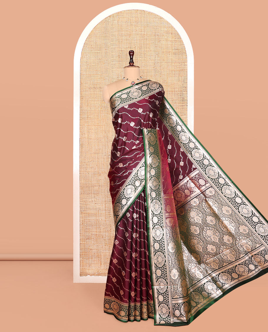 Maroon Banarasi Nylon Saree, Decorated with Diagonal Stripes, Contrast Intricate Zari Border, Intricate Pallu, and a Contrast Blouse