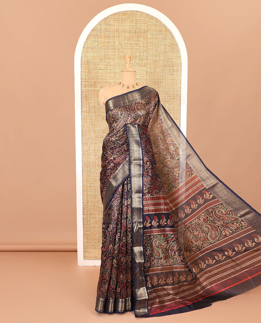 Navy blue paisley motifs printed green silk saree, traditional zari border, paisley printed pallu, and a matching blouse
