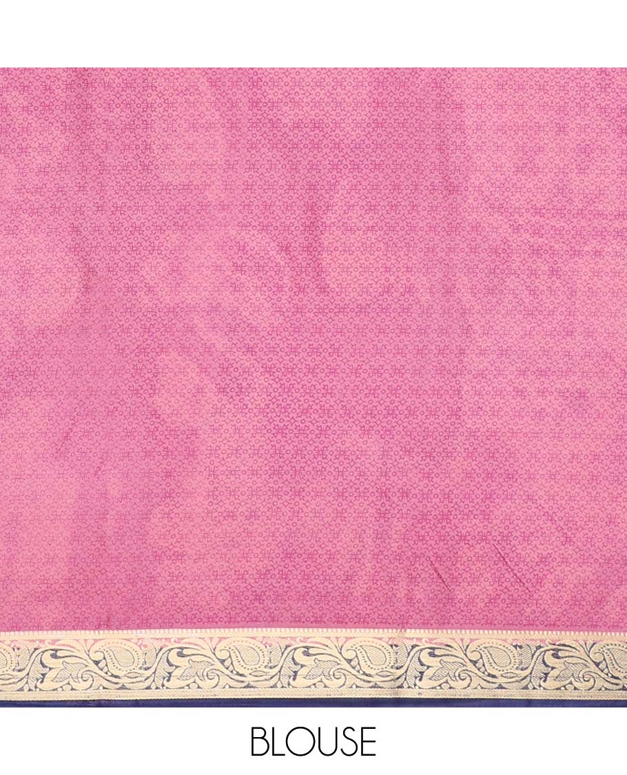 Pink micro-motifs printed semi-banaras printed saree, contrast floral & paisley vine border & intricate pallu
