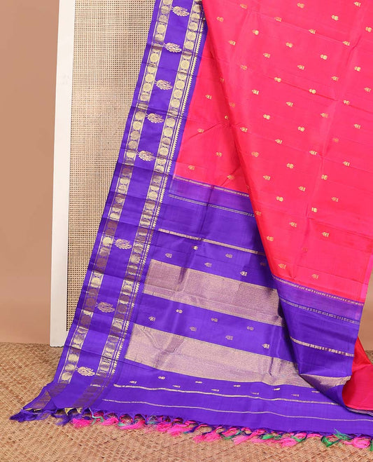 Red floral buttas kancheepuram silk saree, contrast rettai pettu korvai border of thilkam mokku, poo chakram, banaras, mayil & floral pallu