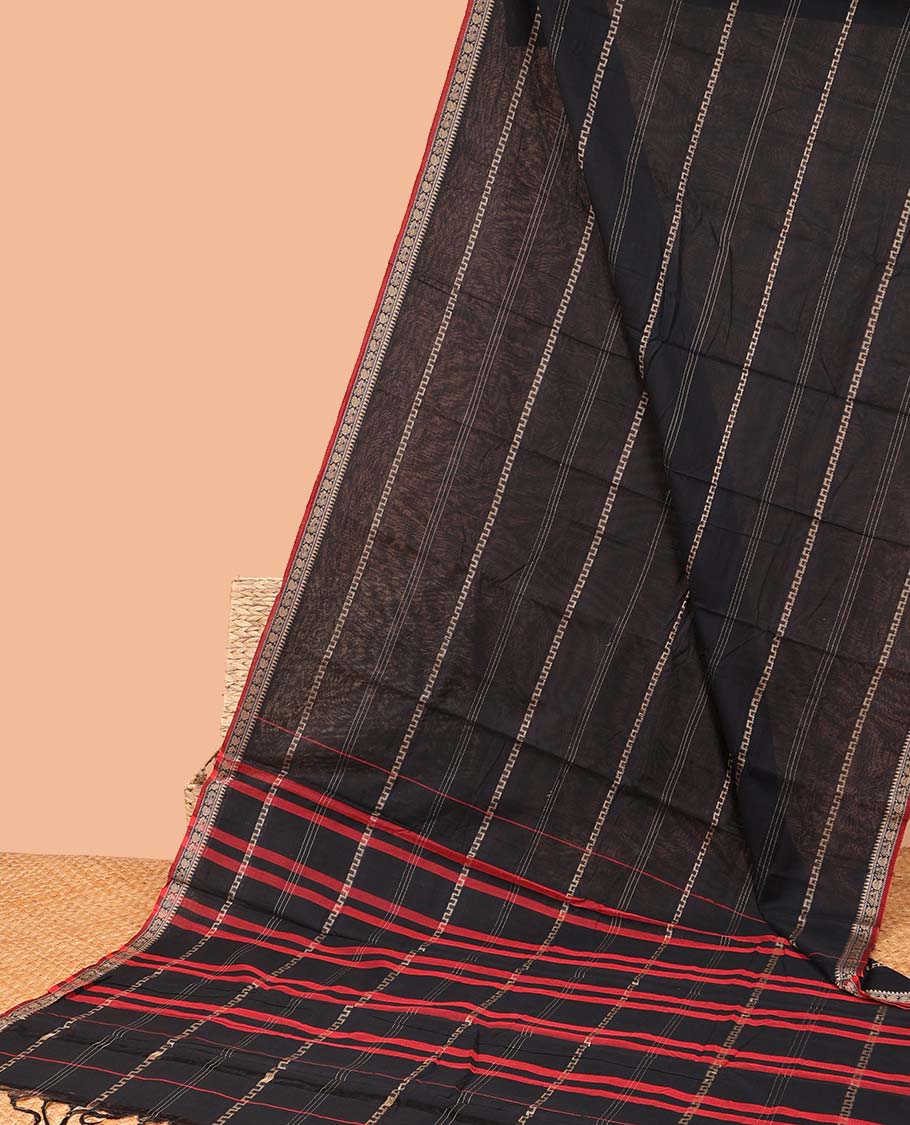 Black unique striped Narayanapet cotton saree, contrast traditional design border & striped pallu