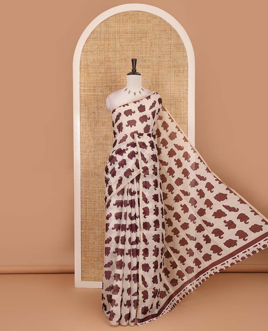 Borderless cream-brown elephant motifs printed linen cotton saree, matching elephant motifs printed blouse