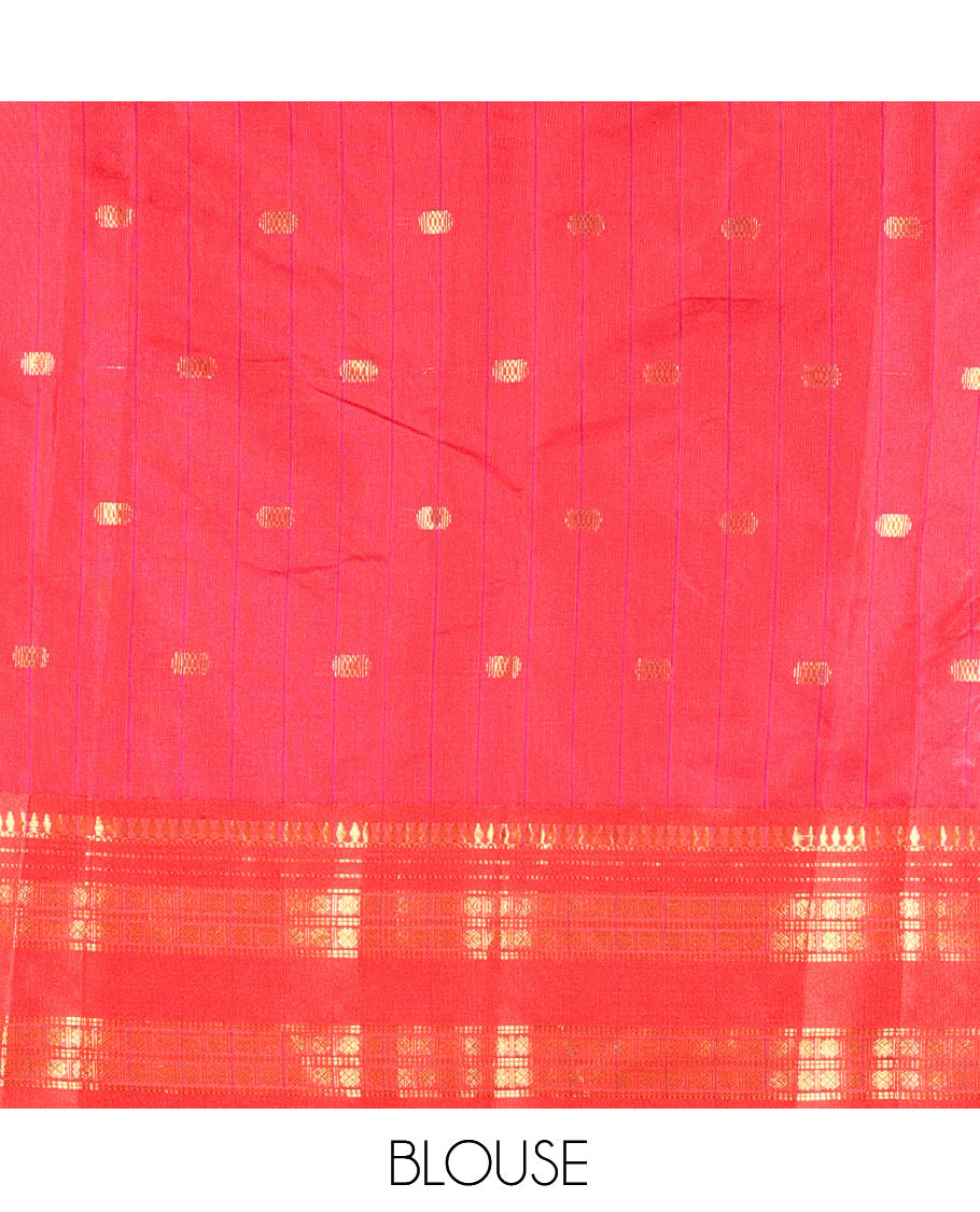 Magenta Softy Silk Saree, Embellished with Zari Buttas, Contrast Traditional Rettai Pettu Border, and a Contrast Blouse