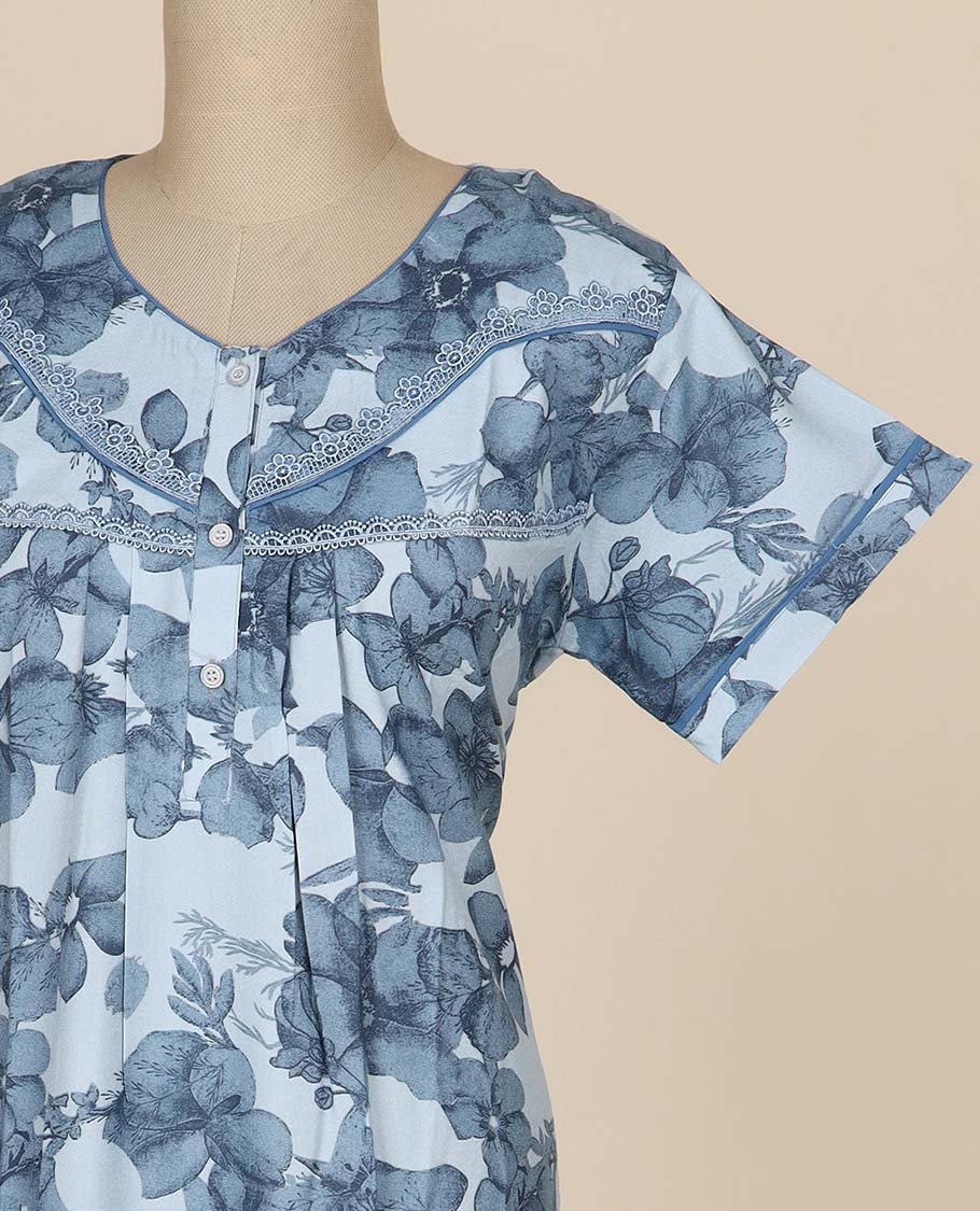 Light blue floral printed & square neck cotton half-sleeve nighty