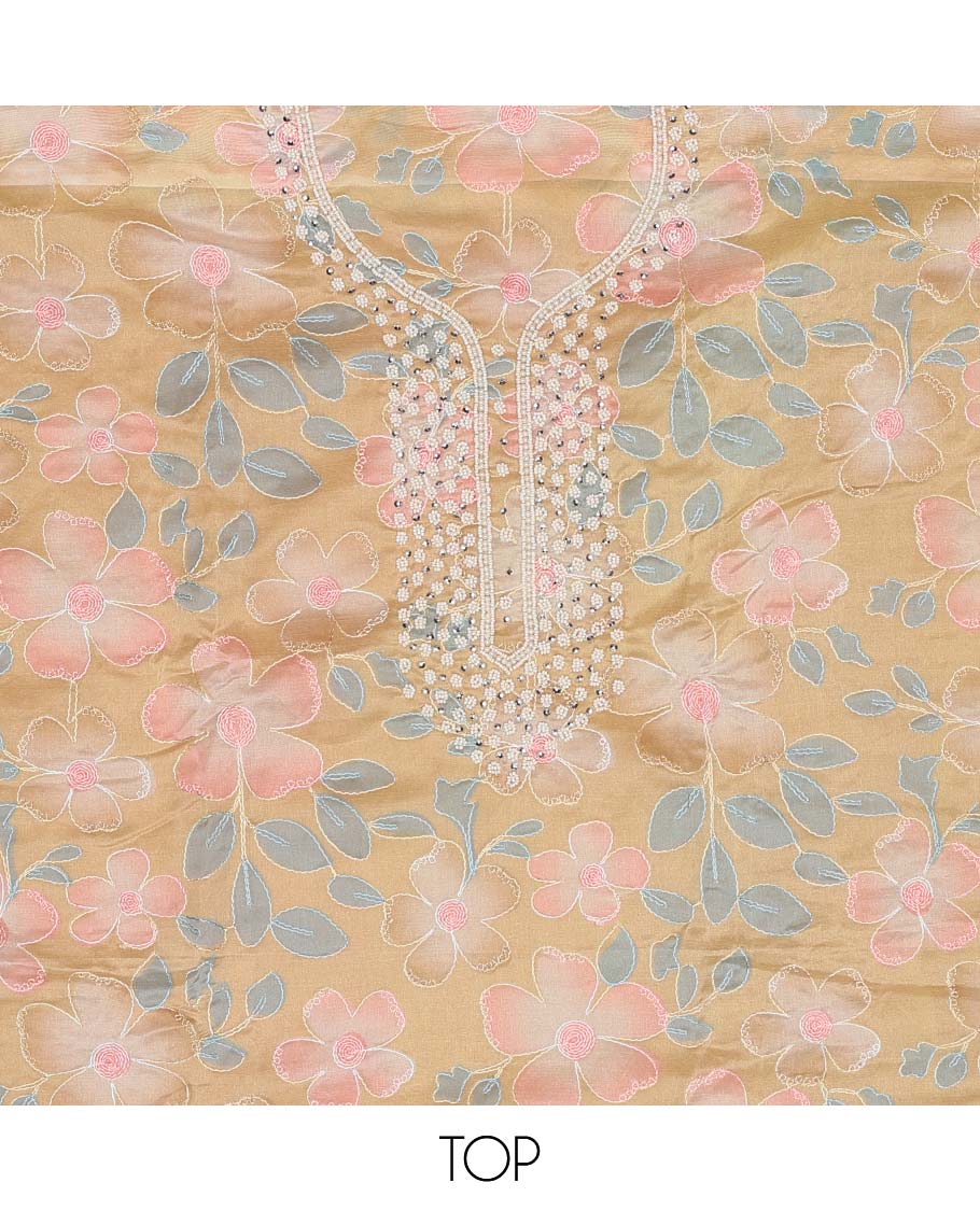 Green floral printed chudidhar material set floral bead embroidered top, plain bottom & sequins embroidered dupatta