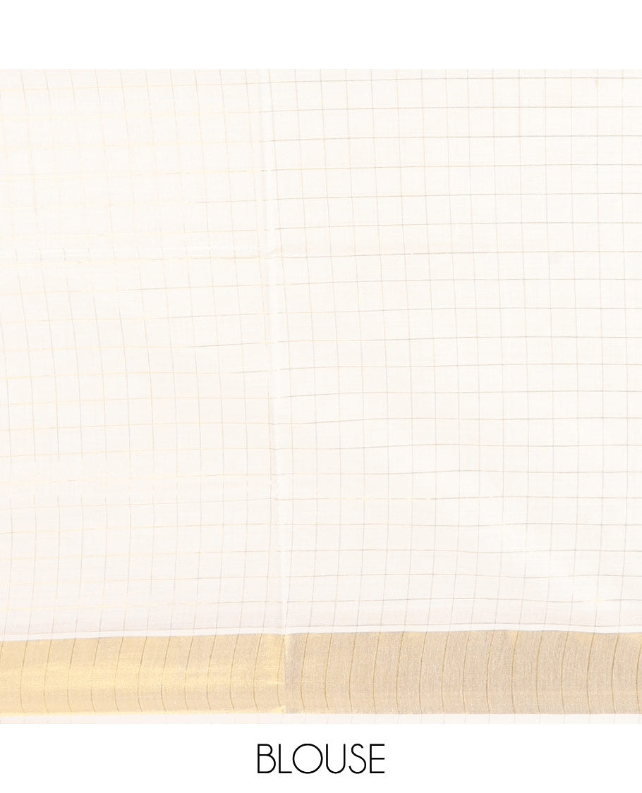 Cream Kerala Cotton Saree Woven with Zari Checks All Over Its Body, Zari Bavanji Border, Gleaming Zari Checked Pallu, and Paired with a Matching Blouse