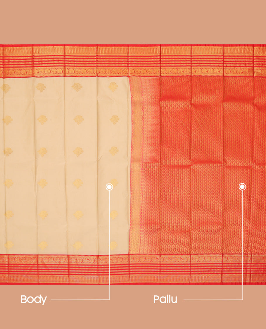 Sandal Budget Silk Saree, Woven with Zari Buttas, a Contrast Traditional Zari Border, Grand Pallu, and a Contrast Blouse