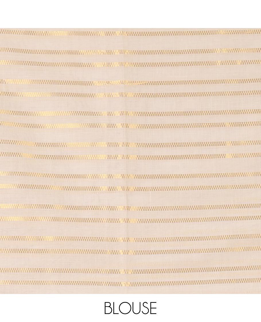 Borderless cream Veldhari-style striped Kerala cotton saree, zari design pallu with green tussels & zari design blouse
