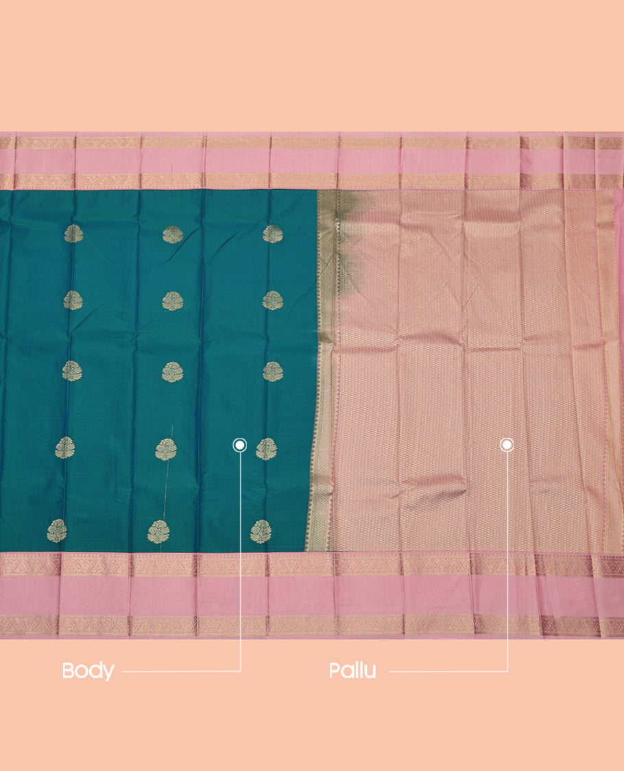 Peacock Color Budget Silk Saree Featuring Zari Buttas, Complemented by Contrast Floral Creeper Rettai Pettu Border, Grand Pallu and a Contrast Blouse