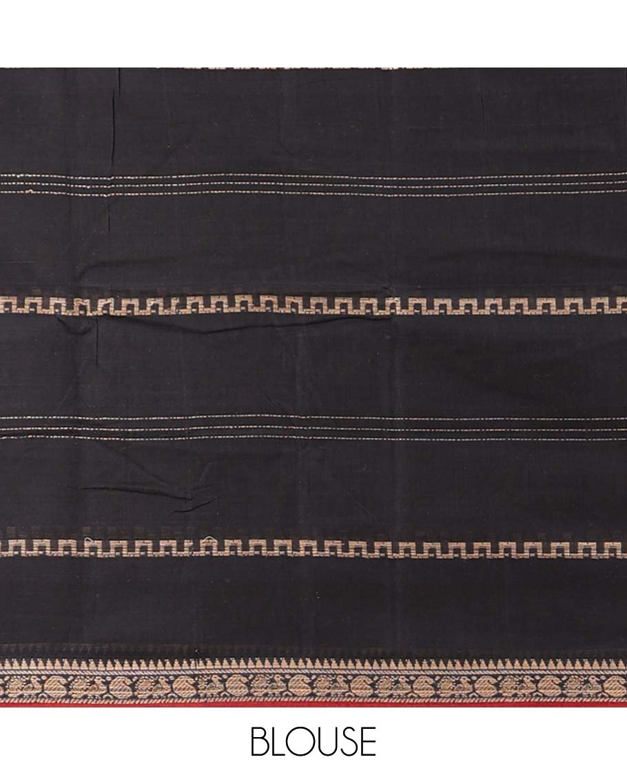 Black unique striped Narayanapet cotton saree, contrast traditional design border & striped pallu