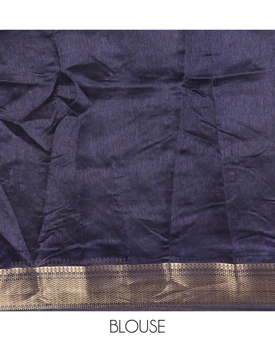 Navy blue paisley motifs printed green silk saree, traditional zari border, paisley printed pallu, and a matching blouse