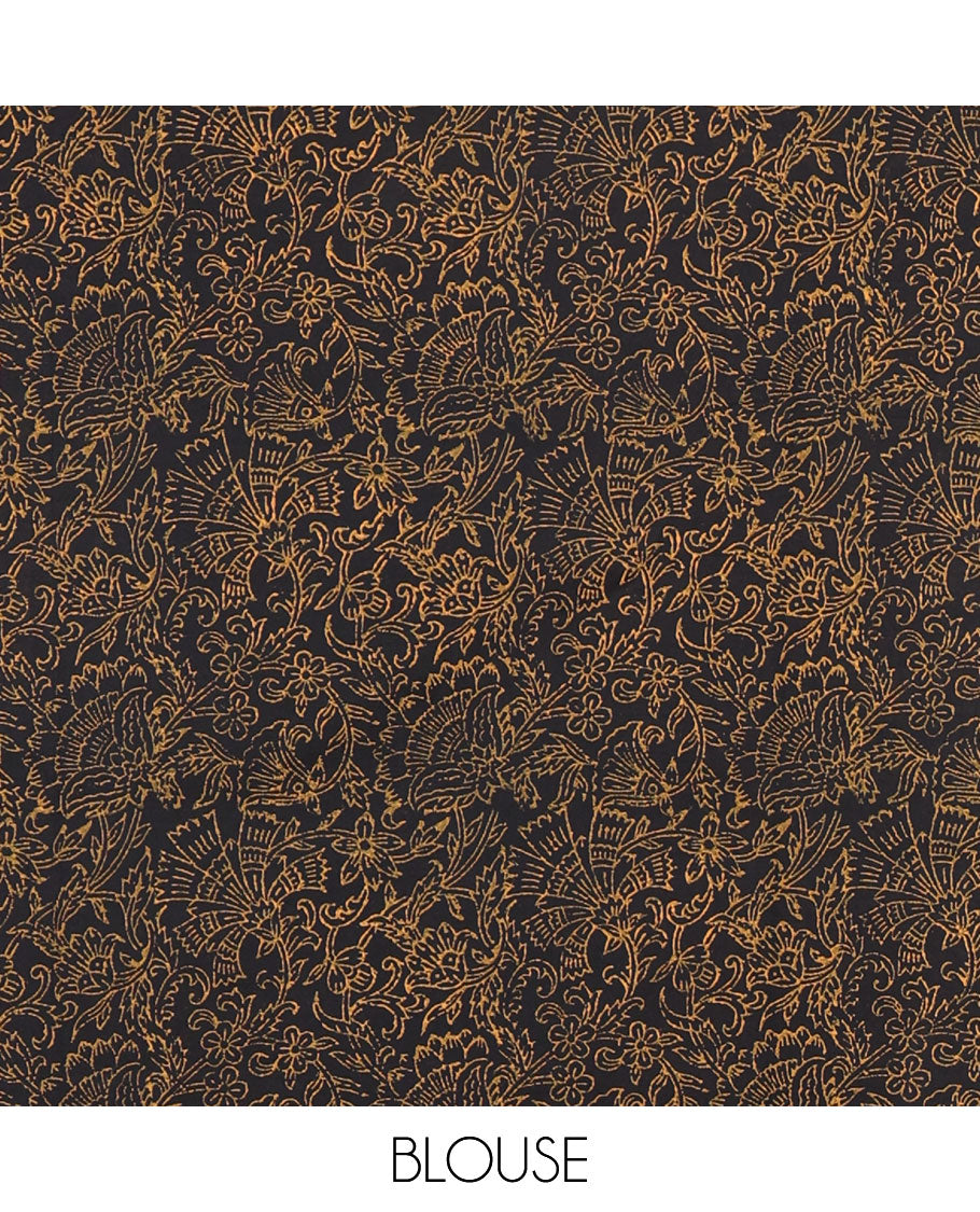 Yellow warli village theme printed South cotton saree, block printed border, warli printed pallu, a matching blouse, and a contrast floral vine printed blouse