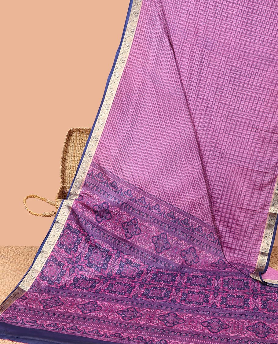 Pink micro-motifs printed semi-banaras printed saree, contrast floral & paisley vine border & intricate pallu