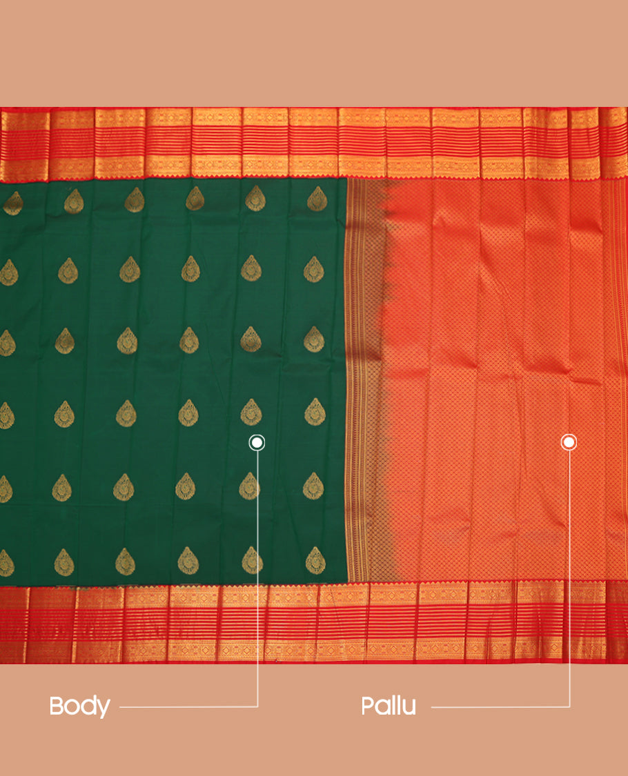 Green Budget Silk Saree, Bedecked with Zari Buttas, Complemented by a Contrast Traditional Zari Border, Grand Pallu, and Contrast Blouse
