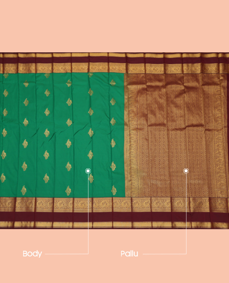 Green Budget Silk Saree, Detailed with Zari Buttas, Complemented by Contrast Traditional Rettai Pettu Border, a Jaal Pallu and a Contrast Blouse