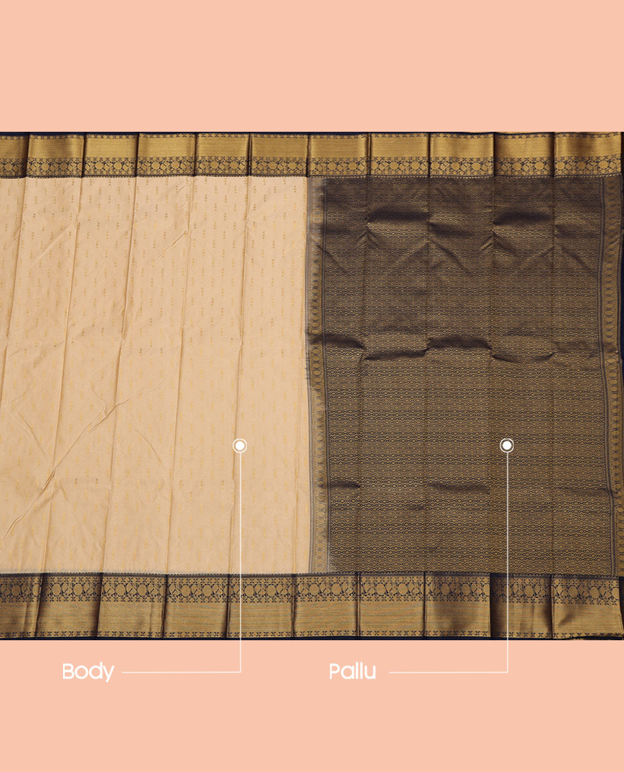 Sandal Budget Silk Saree, Sparsely Woven with Zari Buttas on Its Body, Complemented by a Contrast Traditional Zari Border of Peacock and Rudraksham Designs, Intricately Designed Pallu, and Paired with a Contrast Blouse